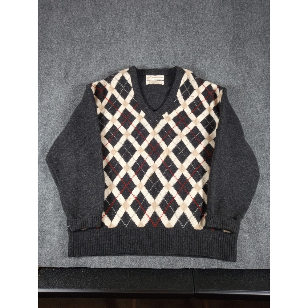 Vintage Braemar Scottish Wool V Neck Sweater Men Size Large Argyle Diamond Black